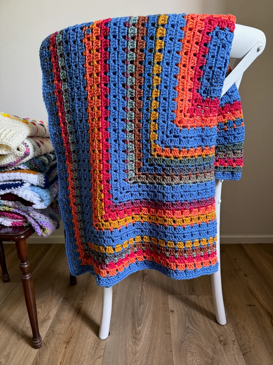 Crochet Blanket - Blue, Red & Orange