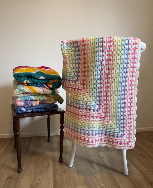 Crochet Blanket - Pastel Rainbow with white