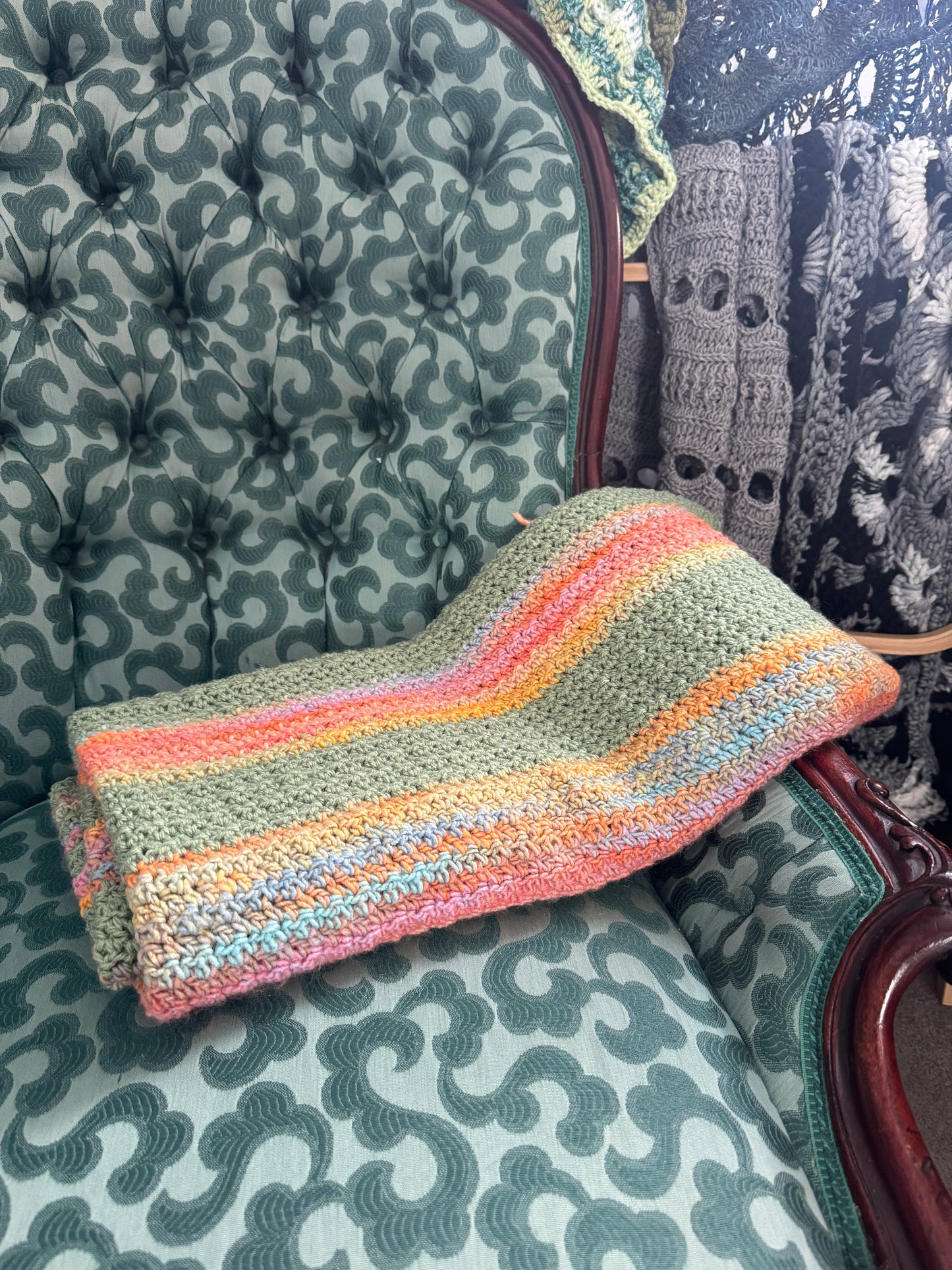 Crochet Blanket- Green, Oranges & Rainbow