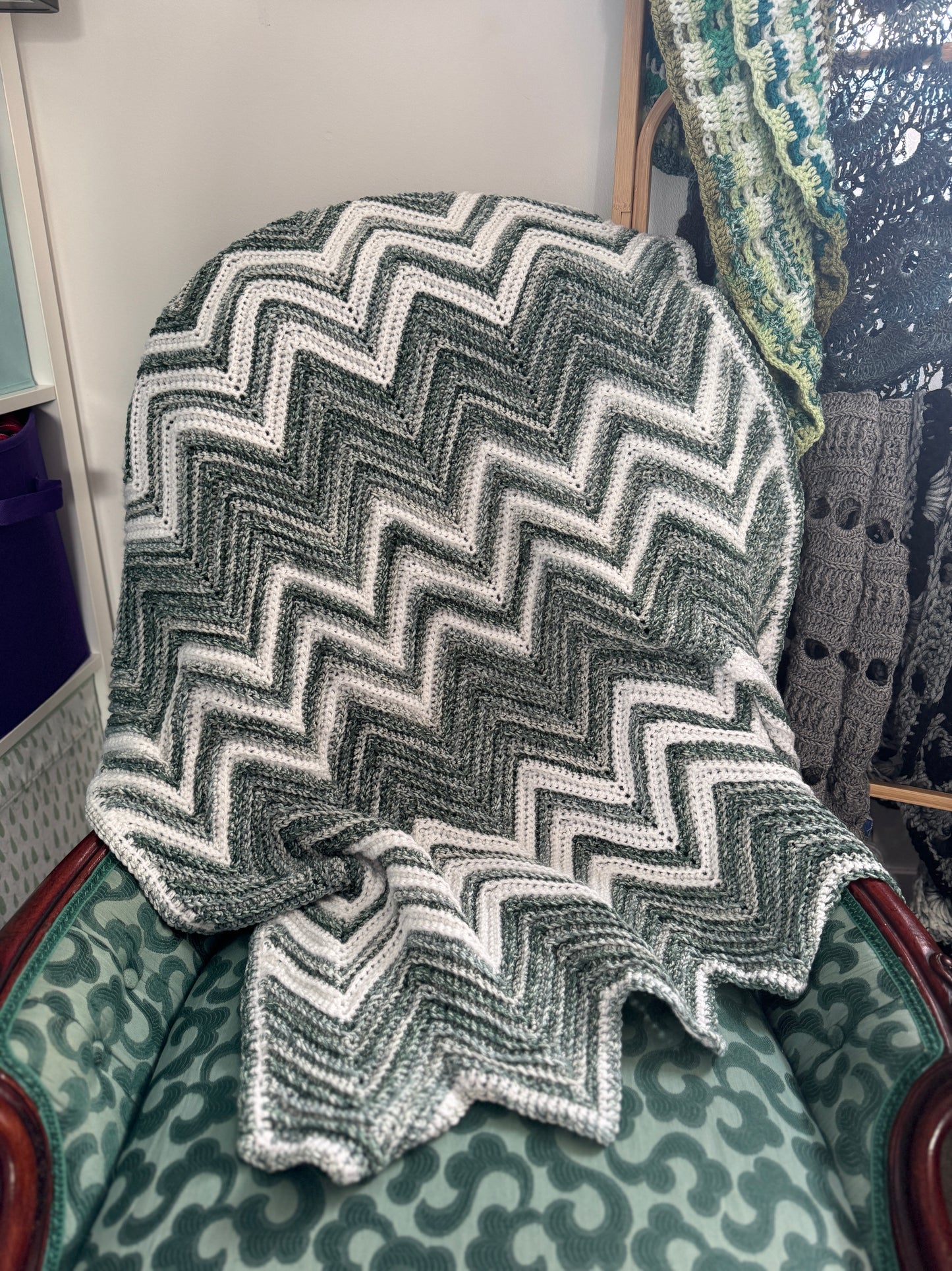 Crochet Blanket- Greens & White Chevron