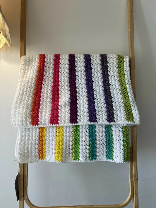 Crochet Blanket - Rainbow & White Stripes