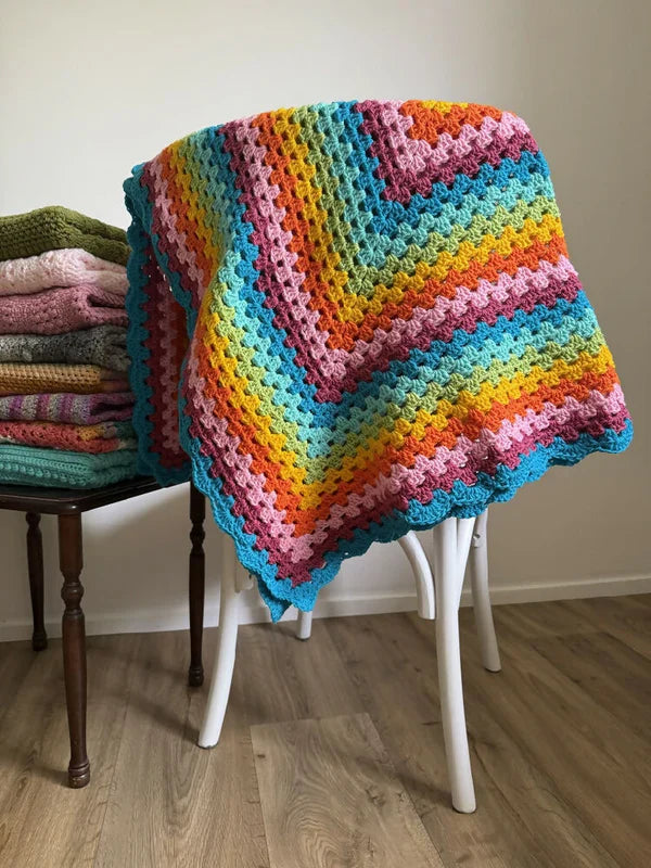 Crochet Blanket - Bright Soft Rainbow Variegated