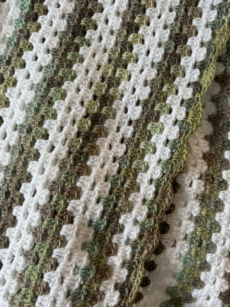 Crochet Blanket - Variegated Khaki Green & White - Granny Square