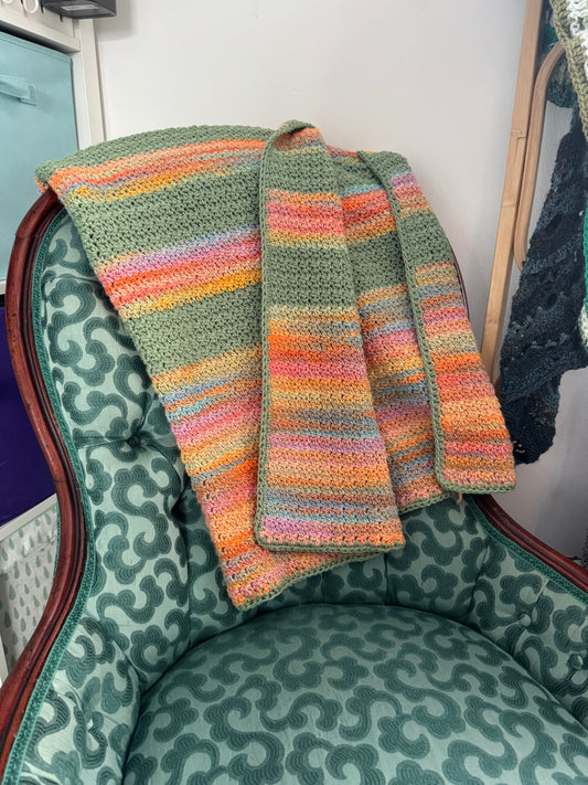 Crochet Blanket-  Green, Oranges & Rainbow