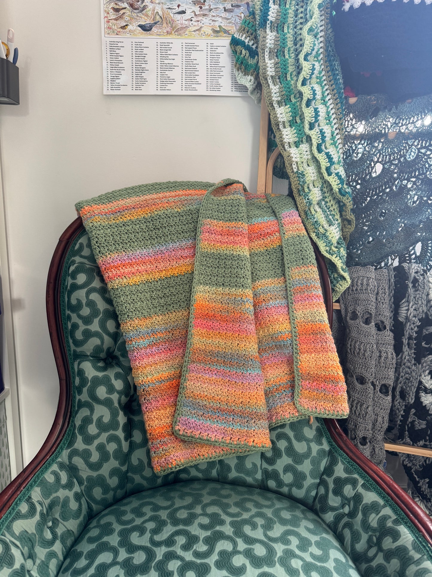 Crochet Blanket-  Green, Oranges & Rainbow