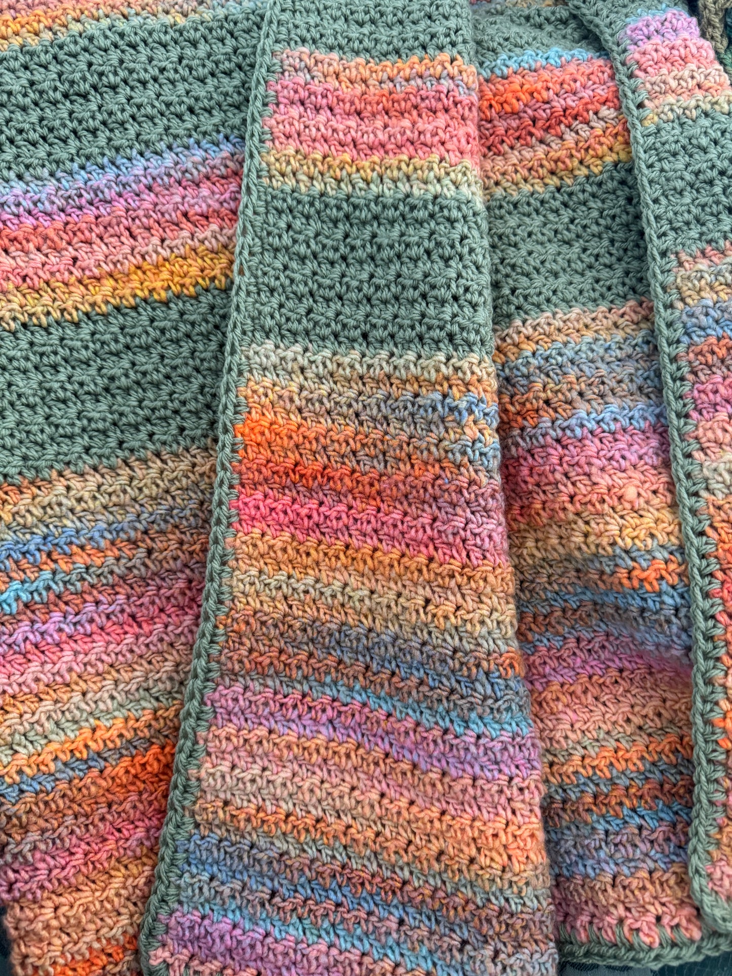 Crochet Blanket-  Green, Oranges & Rainbow