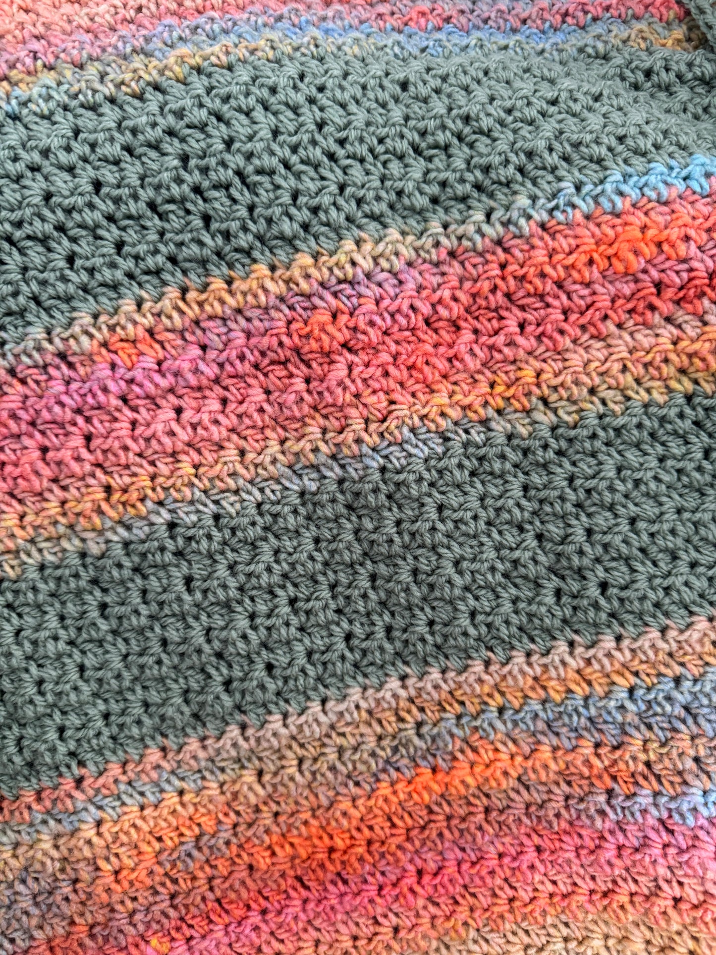 Crochet Blanket-  Green, Oranges & Rainbow