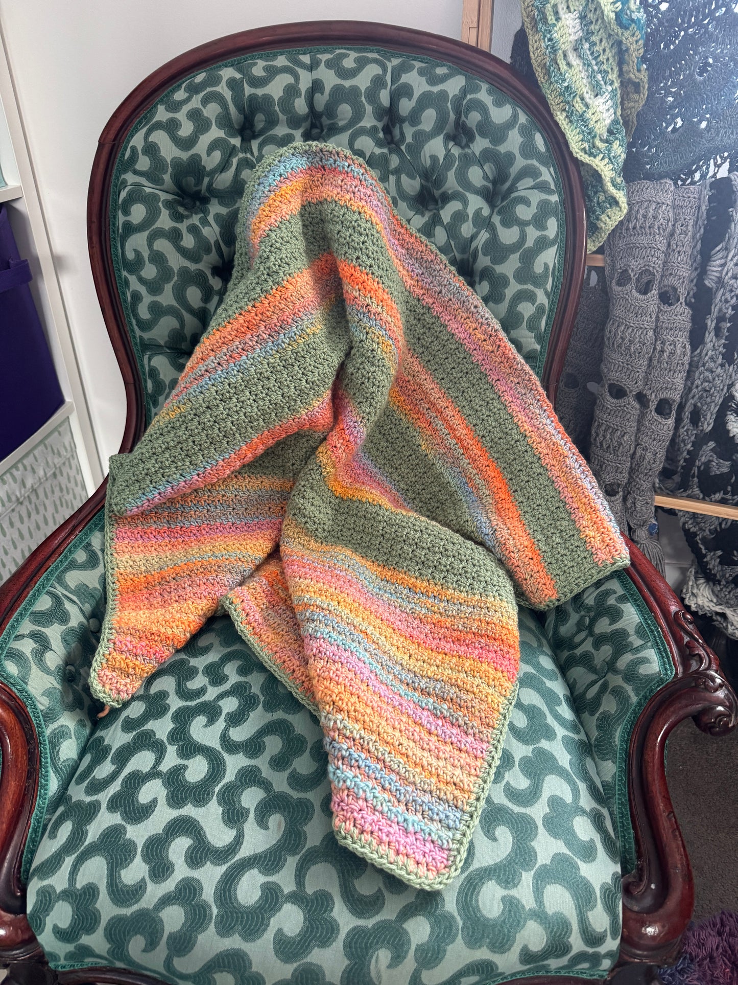 Crochet Blanket-  Green, Oranges & Rainbow