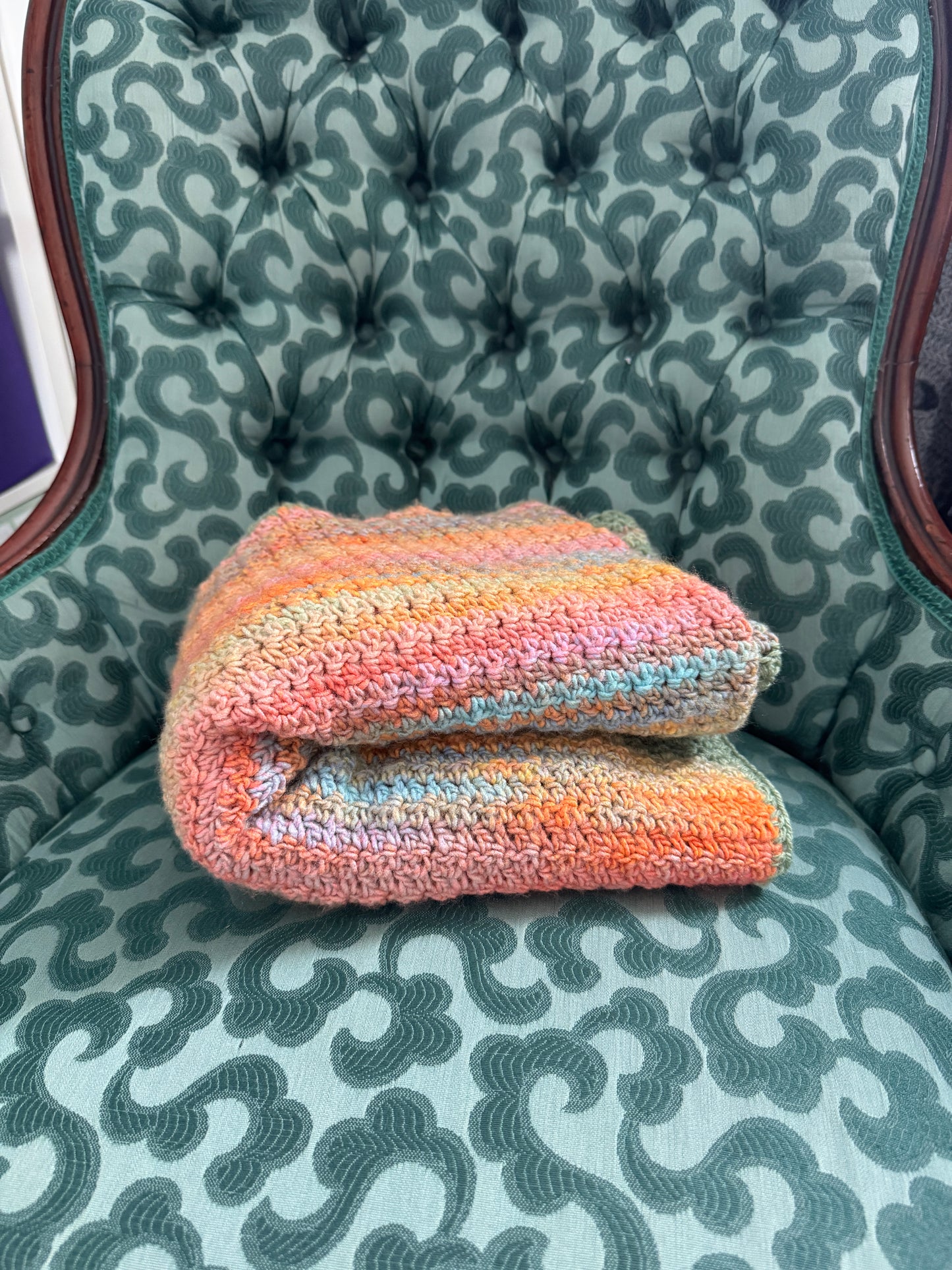 Crochet Blanket-  Green, Oranges & Rainbow