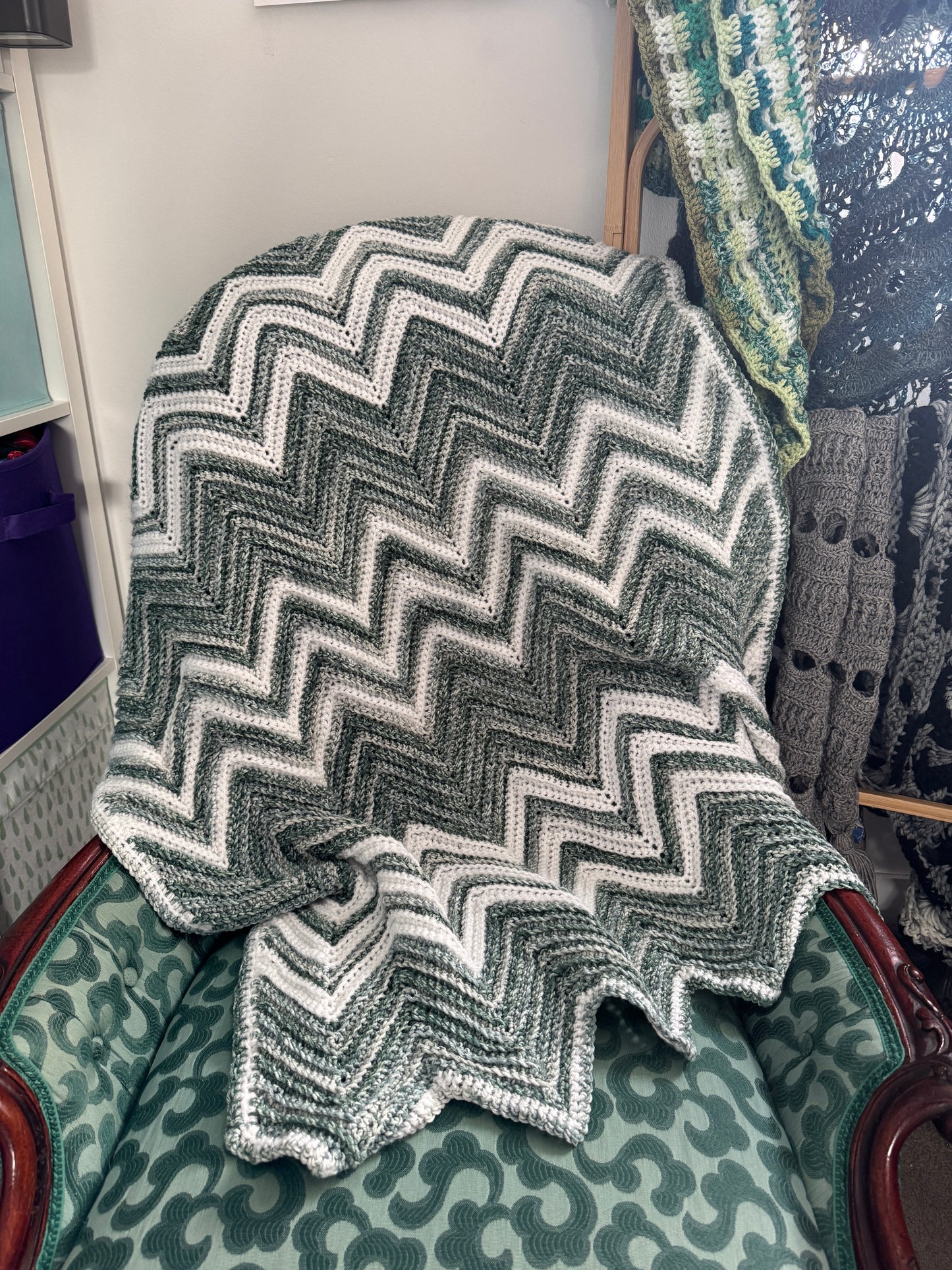 Crochet Blanket-  Greens & White Chevron