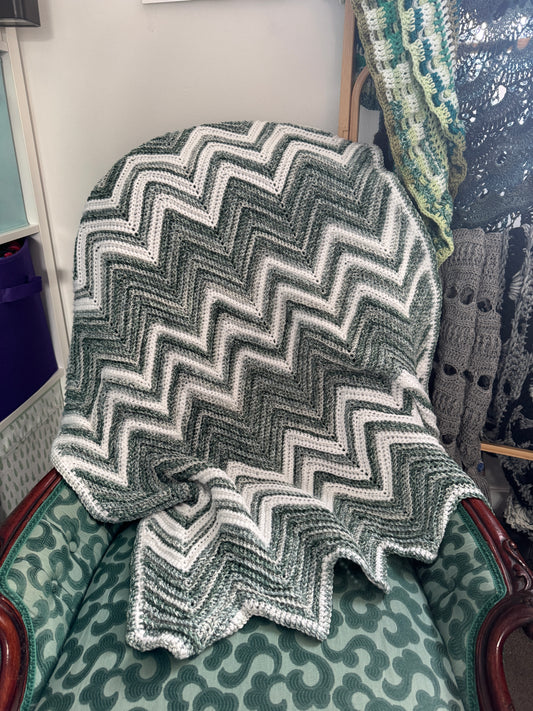 Crochet Blanket-  Greens & White Chevron