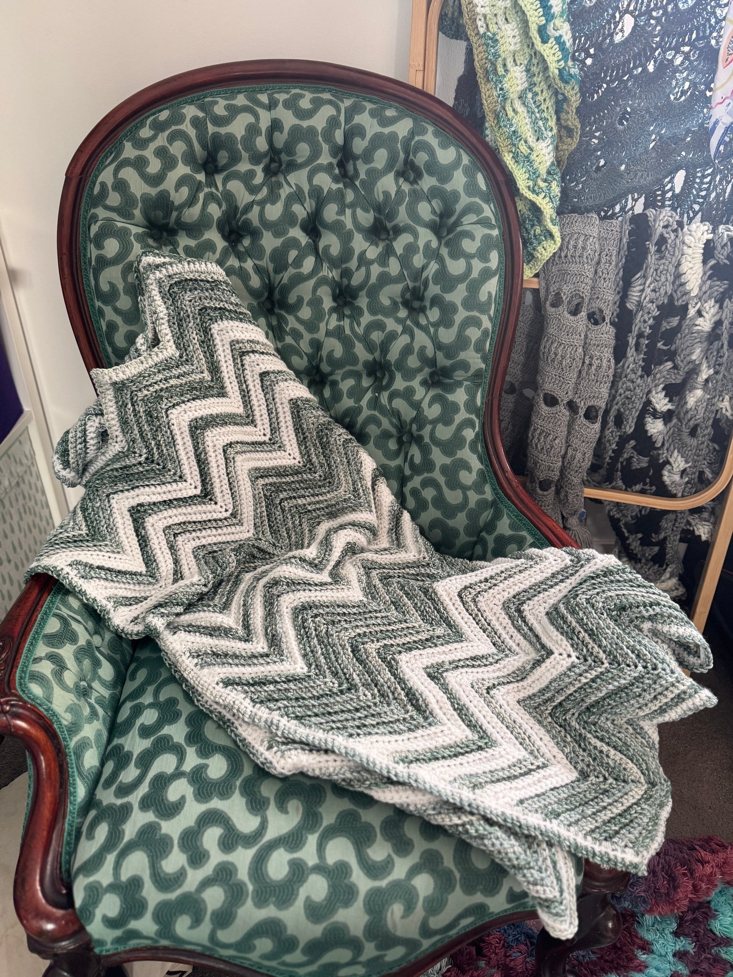 Crochet Blanket-  Greens & White Chevron