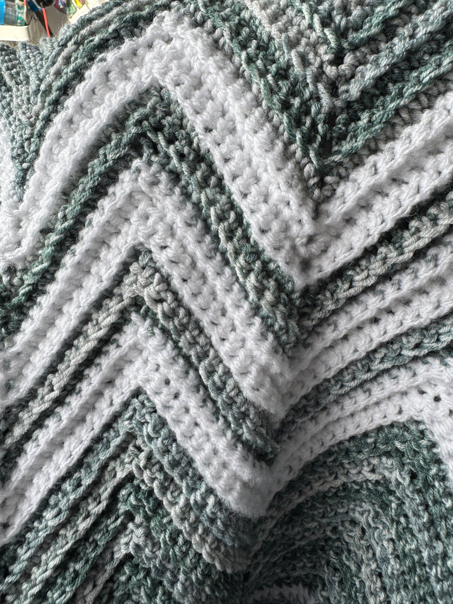 Crochet Blanket-  Greens & White Chevron