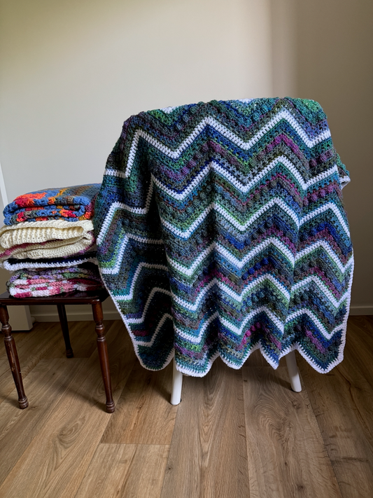 Crochet Blanket - Blues, Greens, Purples Chevron Stripes