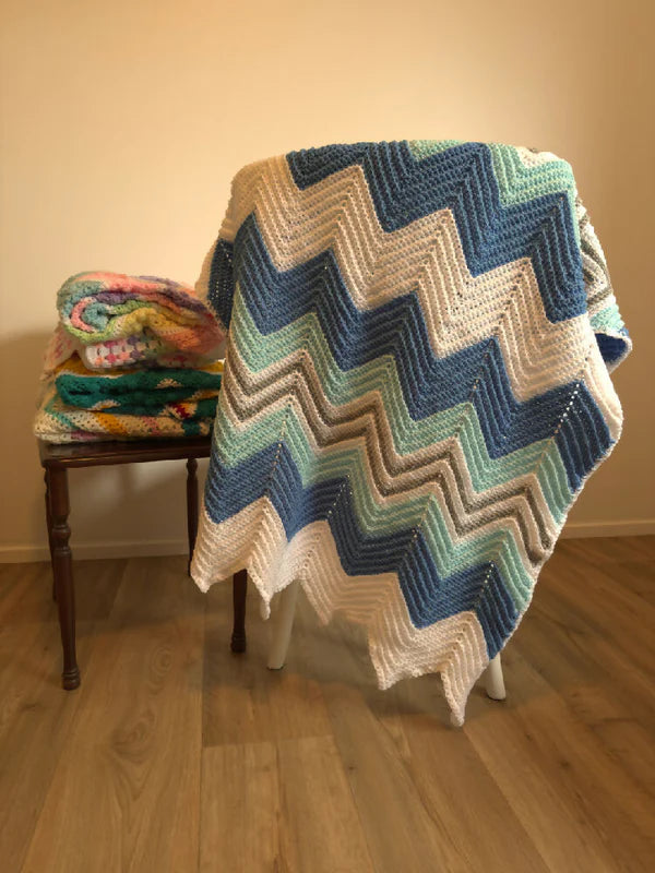 Crochet Blanket - Blues, White and Grey Crochet Wavy Chevrons