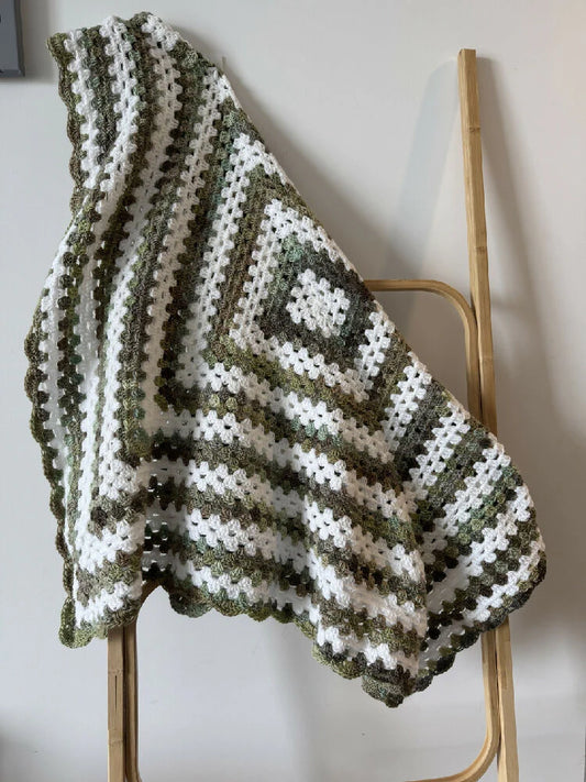 Crochet Blanket - Variegated Khaki Green & White - Granny Square