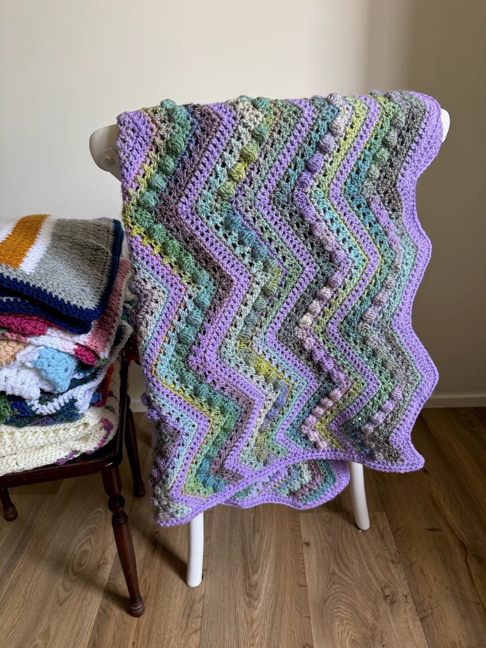 Crochet Blanket-  Purple Wavy with Greens