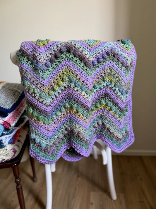 Crochet Blanket-  Purple Wavy with Greens