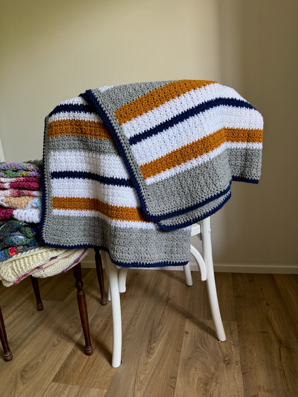 Crochet Blanket-  Grey, White, Blue & Warm Yellow