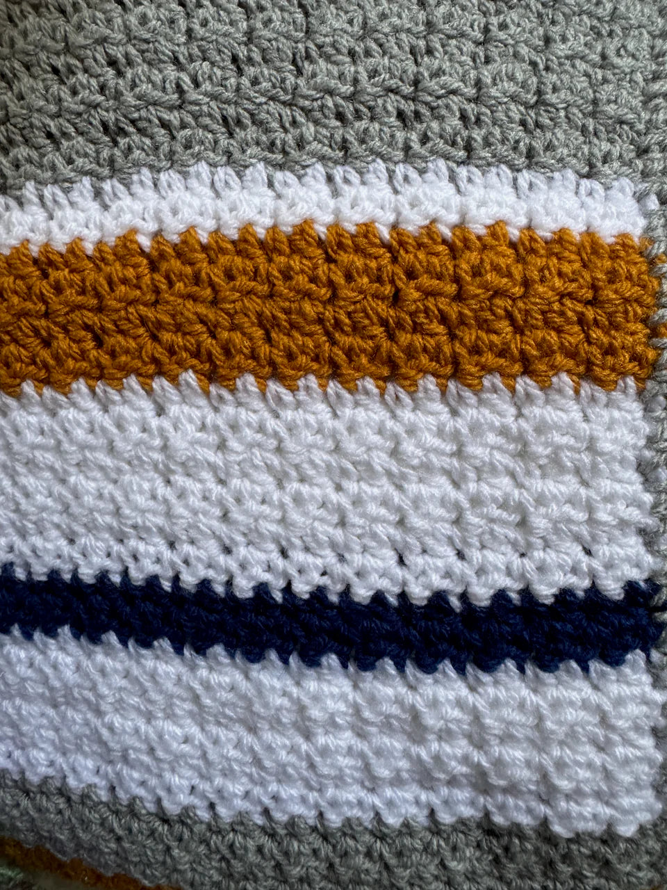 Crochet Blanket-  Grey, White, Blue & Warm Yellow