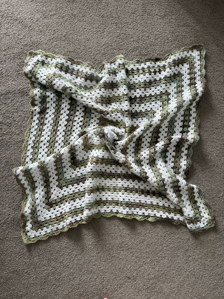 Crochet Blanket - Variegated Khaki Green & White - Granny Square