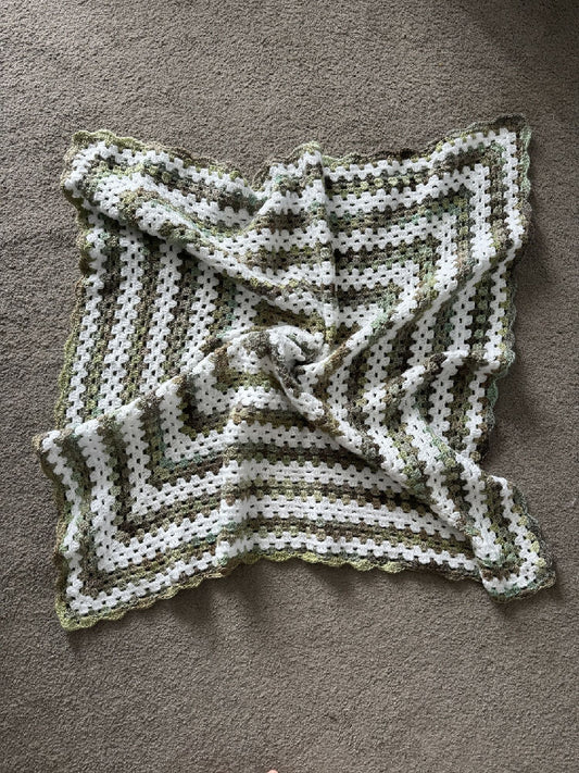 Crochet Blanket - Variegated Khaki Green & White - Granny Square