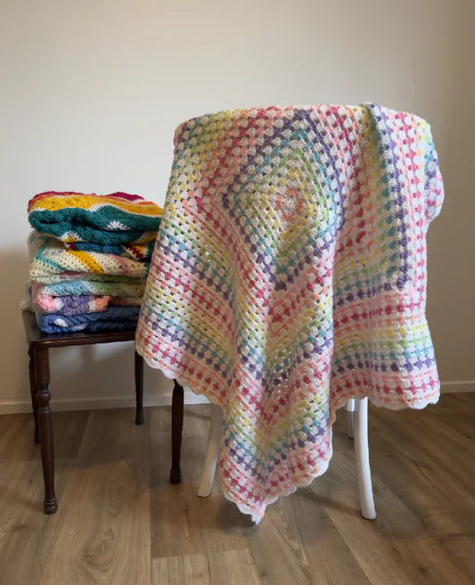 Crochet Blanket - Pastel Rainbow with white