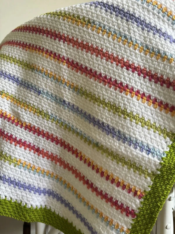 Crochet Blanket - Rainbow Stripes & Green Border
