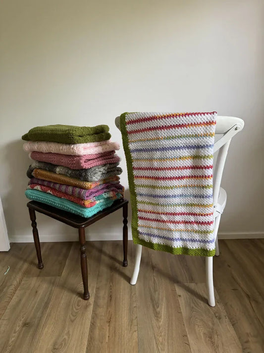 Crochet Blanket - Rainbow Stripes & Green Border